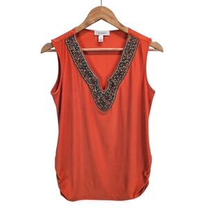 Dressbarn Petite M Burnt Orange Embellished Beaded V-Neck Sleeveless Top